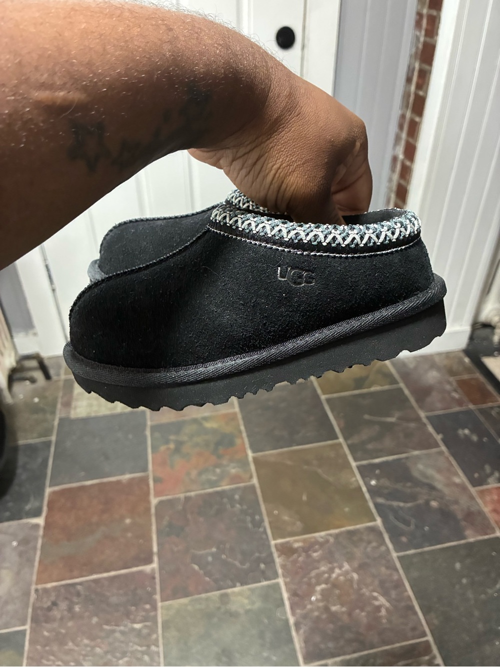 UGG Kids Black Suede Slip-On Slipper with Patterned Collar